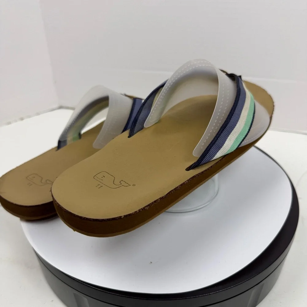 Vineyard Vines Mens Flip Flop Sandals Striped Webbing Tan Navy Green Size 11